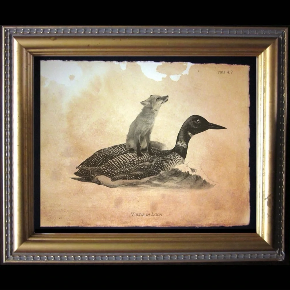 Fox Riding Loon Print Vtg Style Art Print Tea-Stained Paper Whimsical Art Gift